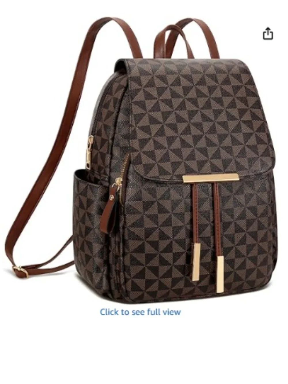 Women's Brown Checkered Leather Backpack Purse Travel Daypack Multi Pocket bag